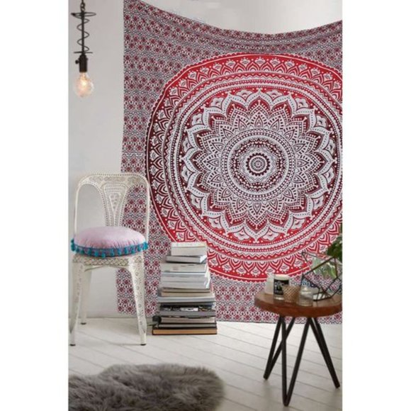 Red Ombre Mandala Boho Bohemian Cotton Wall Hanging Decor Bed Dorm Tapestry - Picture 7 of 9